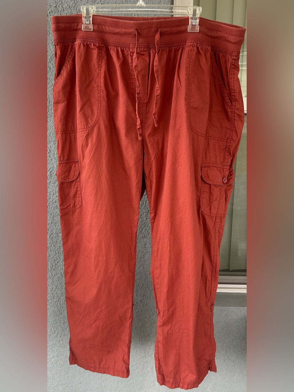 Woman Within Cargo Pants Rust Orange Drawstring Roll Tab Utility Sz 22W Pockets